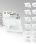 12 Pack 4 Inch LED Recessed Lighting With Integrated Junction Box Dimmable 2700K-5000K CCT Selectable Canless Square Downlights Wet Location IC Rated UL Energy Star 10W 722LM in packaging and arrangement.