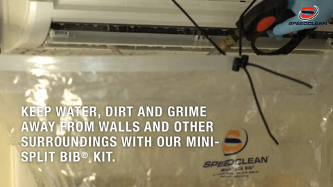 Mini Split Bib Kit for cleanups that catch water and coil cleaner with no mess, showing use protecting walls from over spray.