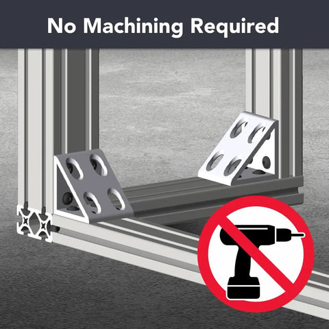 8 Hole Aluminum Inside Corner Gusset L Bracket for 80/20 Extrusion Systems in corner configuration, no machining needed, drill icon crossed out