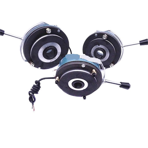 Three electromagnetic power-off brake motors with blue housings and holding brakes, front view.