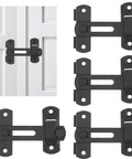 4 Pcs Barn Door Lock Sets With 180 Degree Flip Sliding Latches shown installed and individually, black stainless steel finish