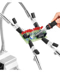 Pro Grade Four Arm Third Hand Soldering Stand With Adjustable Gooseneck Arms And Stainless Steel Alligator Clamps in use on PCB