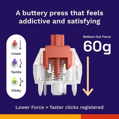 Fox Linear Mechanical Switches For Gaming And Typing, 110 Pack, 3 Pin, Transparent Housing With Colored Stem, 60g Bottom Out