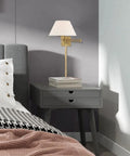 25-Inch One Light Swing Arm Wall Lamp In Brushed Nickel Finish With Oatmeal Fabric Shade, bedside setup view