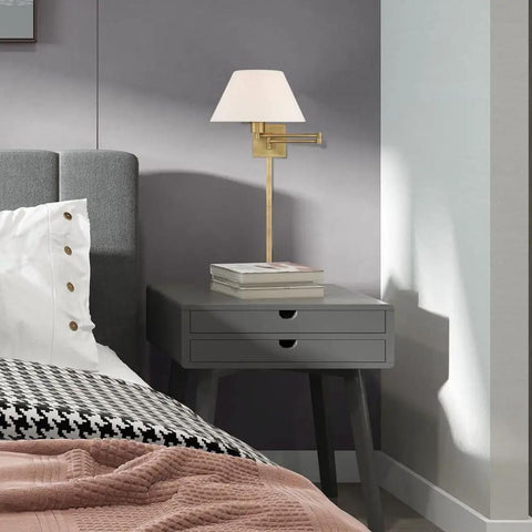 25-Inch One Light Swing Arm Wall Lamp In Brushed Nickel Finish With Oatmeal Fabric Shade, bedside setup view