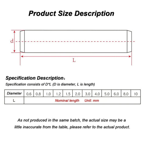 Diagram showing size specifications for Stainless Steel Dowel Marker Pins Set 200 Pieces M3 304 Locating Assortment Kit.