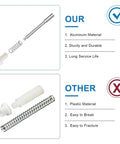 Comparison of aluminum and plastic window screen plunger latches, highlighting durability and material quality.