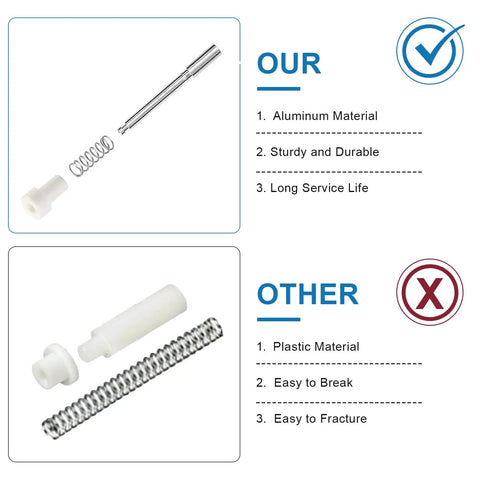 Comparison of aluminum and plastic window screen plunger latches, highlighting durability and material quality.