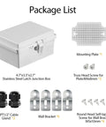 Package list with rugged IP67 waterproof electrical junction box, SS latch, ABS enclosure, mounting plate, wall brackets, cable glands