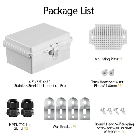 Package list with rugged IP67 waterproof electrical junction box, SS latch, ABS enclosure, mounting plate, wall brackets, cable glands