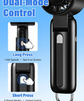Turbo Handheld Personal Fan With 12,800 RPM Power showing dual-mode control features with close-up of speed buttons