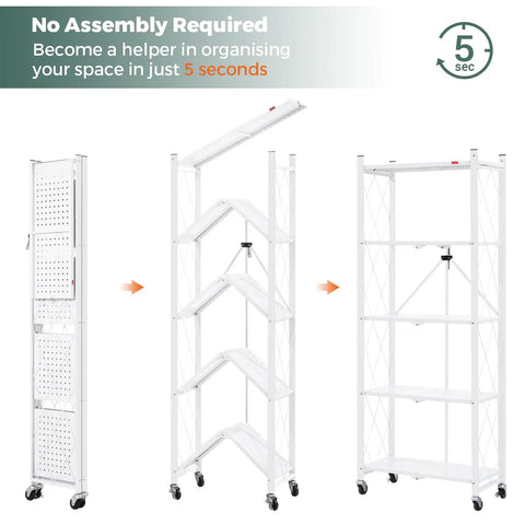 Five Shelf Folding Bookshelf With Wheels For Easy Go Anywhere Setup No Fuss Heavy Duty Freestanding Metal Wire Storage Rack For Living Room Office Kitchen Basement Pantry In White folded and open on wheels