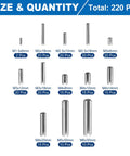 Roll Pin Set 220 Piece Slotted Spring Pins 304 Stainless Steel sizes from M1.5x6mm to M6x30mm shown in quantity