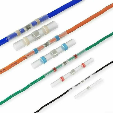 Top Grade 50 Pcs Solder Seal Wire Connectors Heat Shrink Waterproof Sleeves For Effortless One Step Installation No Crimping Tool Needed Durable And Secure Professional Grade Connections Made Easy With Hot Melt Adhesive Dual Layer Protection That blue, orange, green and black wire connectors