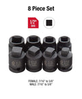 Eight Piece Chromoly Steel Socket Set For Half Inch Drive SAE Seven Sixteenths To Five Eighths with Pipe Plug And Male And Female Sockets