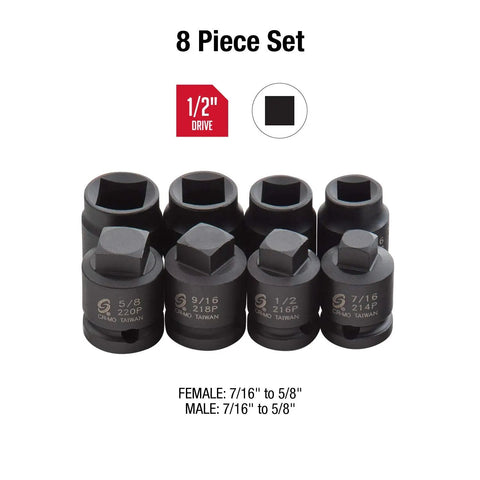 Eight Piece Chromoly Steel Socket Set For Half Inch Drive SAE Seven Sixteenths To Five Eighths with Pipe Plug And Male And Female Sockets