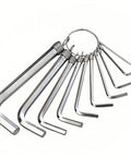 10 Piece Metric Hex Key Set With Rust Resistant CrV Steel And Handy Keyring Design displayed on white background.