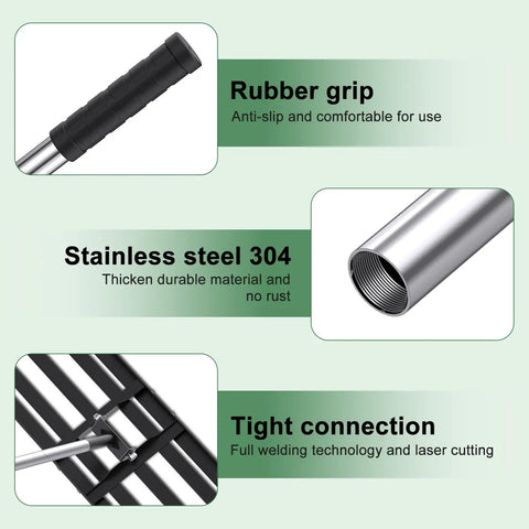 Close-up of 72-Inch Lawn Leveling Rake With Stainless Steel Handle showing rubber grip, durable build, and tight connection.