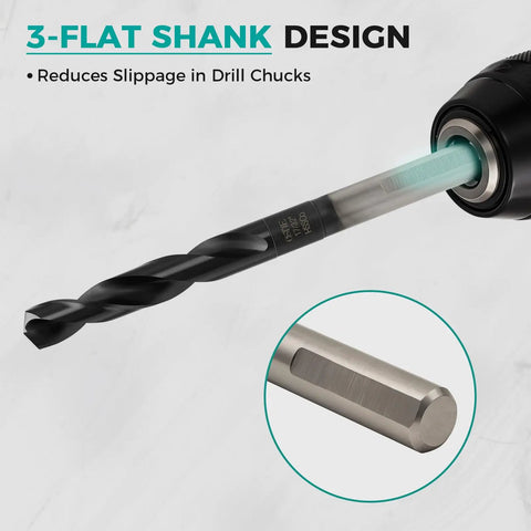 Five Eighth Inch Cobalt Drill Bit For Metal And Hardened Steel Built Tough For Pro Jobs Industrial Grade M35 Cobalt High Speed Steel With TiAlN Coating Three Flat Shank Half Inch Shank Six Inch Total Length Heat Resistant Durable Drill Bit showing three-flat shank design.