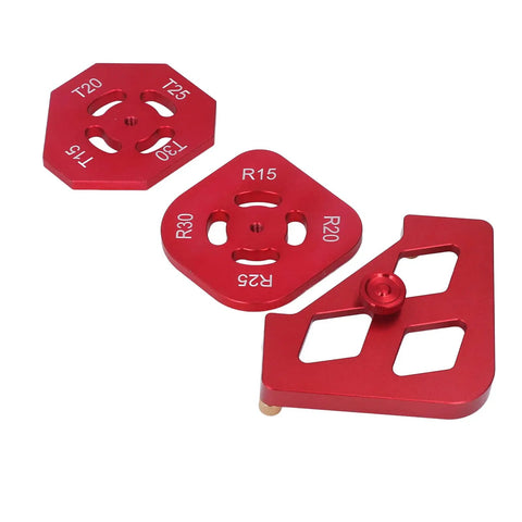 Heavy Duty Aluminum Router Template And Top Shelf Woodworking Chamfer Jig Kit set of red anodized radius edges templates.