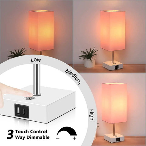 Pink Touch Control Table Lamp With 3 Way Dimmable Brightness And USB A And USB C Ports, White Base Modern Nightstand Light
