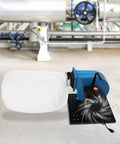 Powerful 1HP Wall Mounted Dust Collector With 550 CFM Strong Suction And 14.8 Gallon Collection Bag, showing motor and collection bag.