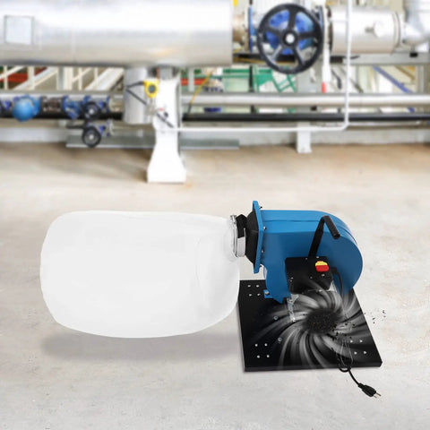 Powerful 1HP Wall Mounted Dust Collector With 550 CFM Strong Suction And 14.8 Gallon Collection Bag, showing motor and collection bag.