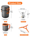 Backpacking Cooking Kit With 1300W Stove 0.6L And 0.8L Pots shown with mug, mini stove, and cylinder stabilizer dimensions