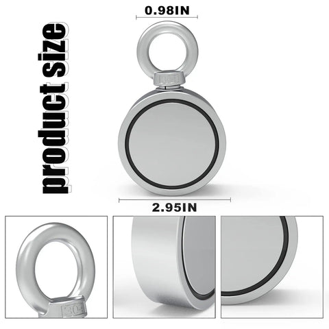 Double Sided Neodymium Magnet Fishing Kit With 1000Lbs Combined Strength And 2.95 Inch Eyebolt, product dimensions