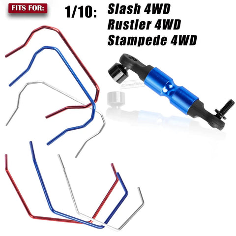 Alloy Aluminum Front And Rear Wide Sway Bar Upgrade Kit with blue CNC component and anodized bars for 1/10 Slash Rustler.