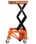 Hydraulic Motorcycle Lift Table With Wide Deck 350 Lbs Capacity Foot Operated Jack For Dirt Bikes And ATVs J Hooks 4 Wheels