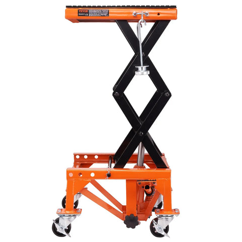 Hydraulic Motorcycle Lift Table With Wide Deck 350 Lbs Capacity Foot Operated Jack For Dirt Bikes And ATVs J Hooks 4 Wheels