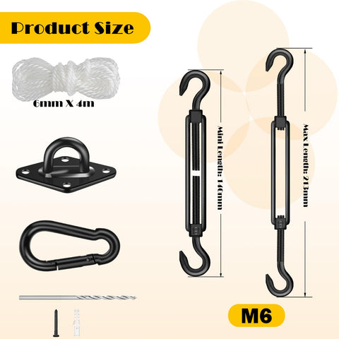 Tough As Nails 304 Stainless Shade Sail Hardware Kit 6 Inch Matte Black with turnbuckles, carabiner, and rope for outdoor use.