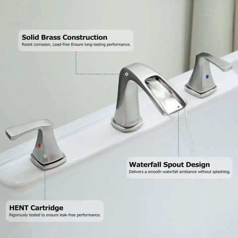 Two Handle Widespread Waterfall Roman Bathtub Faucet With Valve In Brushed Nickel Tub Filler 4.6 GPM Flow, water stream