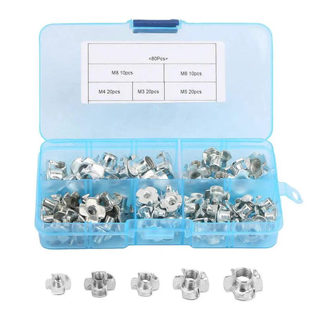 80 Piece Four Pronged T Nuts Kit In Zinc Plated Carbon Steel M6 M8 Tee Nuts with threaded sockets in blue box