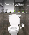 Ultra Slim Left Handed Bidet Attachment For Toilet With Pressure Controls installed on white toilet in modern bathroom