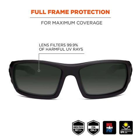 Front view of Skullerz Odin Safety Glasses Matte Black With Anti Fog Smoke Lens Fog Off Treatment for clear vision all day.