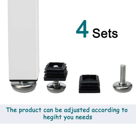 M8 Leveling Feet 30x30mm Square Insert Adjustable Furniture Glide 4 Pack showing components and installation guide.
