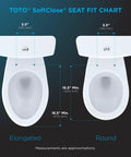 Soft Close Elongated Toilet Seat In Bone With Ergonomic Comfort Durable High Gloss Polypropylene Easy Mounting Hardware Resistant To Chemicals Five And A Half Inch Bolt Spread Clean Look And Quiet Close diagram showing elongated and round fit.