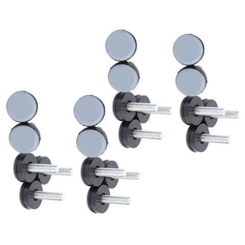 Close-up of twenty piece PTFE furniture sliders with M6 thread, black and gray, for tables and chairs, smooth glide, anti scratch.