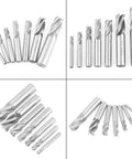 Seven-piece roughing end mill set, HSS, 4-flute cutters with M6–M20 shanks.
Roughing end mill set, HSS, 4-flute cutters, side view showing varying M6–M20 shanks.
Roughing end mill set, HSS, 4-flute cutters; close-up of spiral flutes.
Roughing end mill set, HSS, 4-flute milling cutters arranged in a fan.
