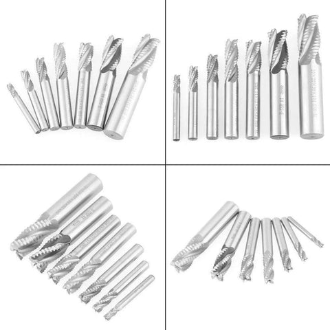 Seven-piece roughing end mill set, HSS, 4-flute cutters with M6–M20 shanks.
Roughing end mill set, HSS, 4-flute cutters, side view showing varying M6–M20 shanks.
Roughing end mill set, HSS, 4-flute cutters; close-up of spiral flutes.
Roughing end mill set, HSS, 4-flute milling cutters arranged in a fan.