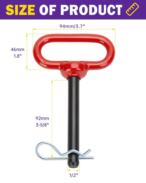 Half Inch Trailer Hitch Pin And Clip With Rubber Coated Red Handle, heavy-duty steel, dimensions labeled, towing accessory
