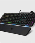 Slick Ergonomic Mechanical Gaming Keyboard Featuring Goated Adjustable Actuation Switches And Dope Oled Smart Display With Rgb Backlighting For Blazing Fast Pc And Mac Combat Sessions with rainbow LED illumination and palm rest.