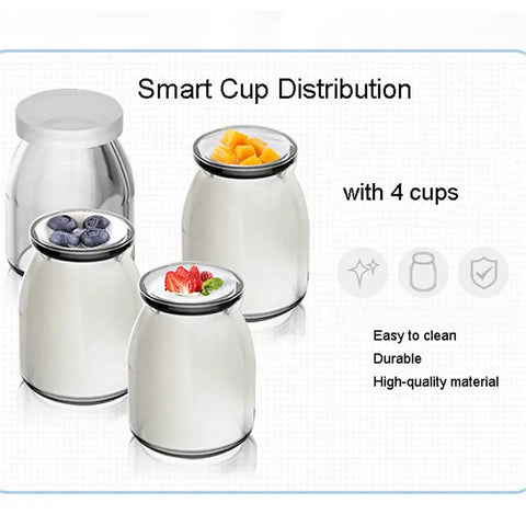 Fully Automatic Yogurt Maker With Stainless Steel Inner Tank And Precision Heating Delivers No Sweat Fresh Dairy Creations Daily For Any Modern Kitchen Setup with four glass cups toped with fruits.