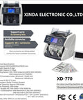 Heavy Duty Cash Counter Machine With Smart Fake Bill Detector Led Display Quick Bill Processor Supports Multiple Global Denominations, front view showing bills and display.