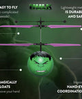Motion Sensing Hulk Flying Orb Toy With USB Charging Marvel Licensed Indoor Outdoor Ball Drone For Kids 6 And Up Hands Free Control No Remote Safe Crash Resistant Flying Fun, green orb with Hulk face and purple blades