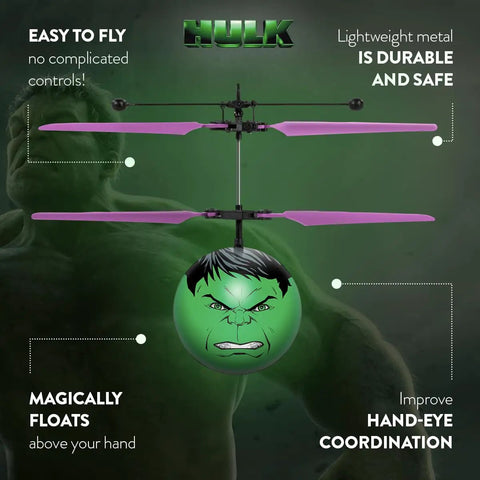 Motion Sensing Hulk Flying Orb Toy With USB Charging Marvel Licensed Indoor Outdoor Ball Drone For Kids 6 And Up Hands Free Control No Remote Safe Crash Resistant Flying Fun, green orb with Hulk face and purple blades