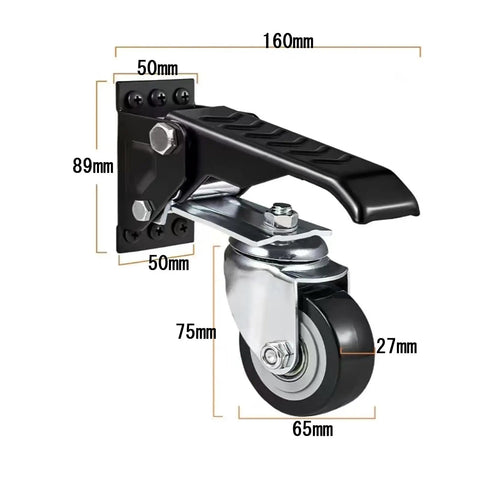 Retractable Workbench Casters With Quick Release Plate Four Pack showing measurements, featuring polyurethane stepdown wheels for heavy-duty use.
