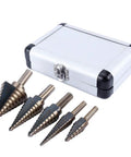 5 Piece HSS Titanium Coated Step Drill Bit Set With Aluminum Case, 50 Sizes From 1/8 To 1-3/8 Inch shown with sturdy case